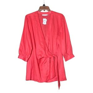 Neiman Marcus Linen Tie Wrap Blouse in Coral